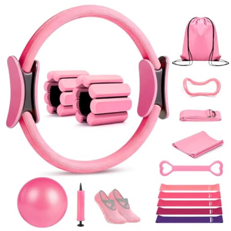 Set of Pilates 15 Pieces, Essential Kit for Domestic Pilates for Women, Set of 12 Rings and 9 Balls, Kit Pilates with Weights for Cables from 2 Books
