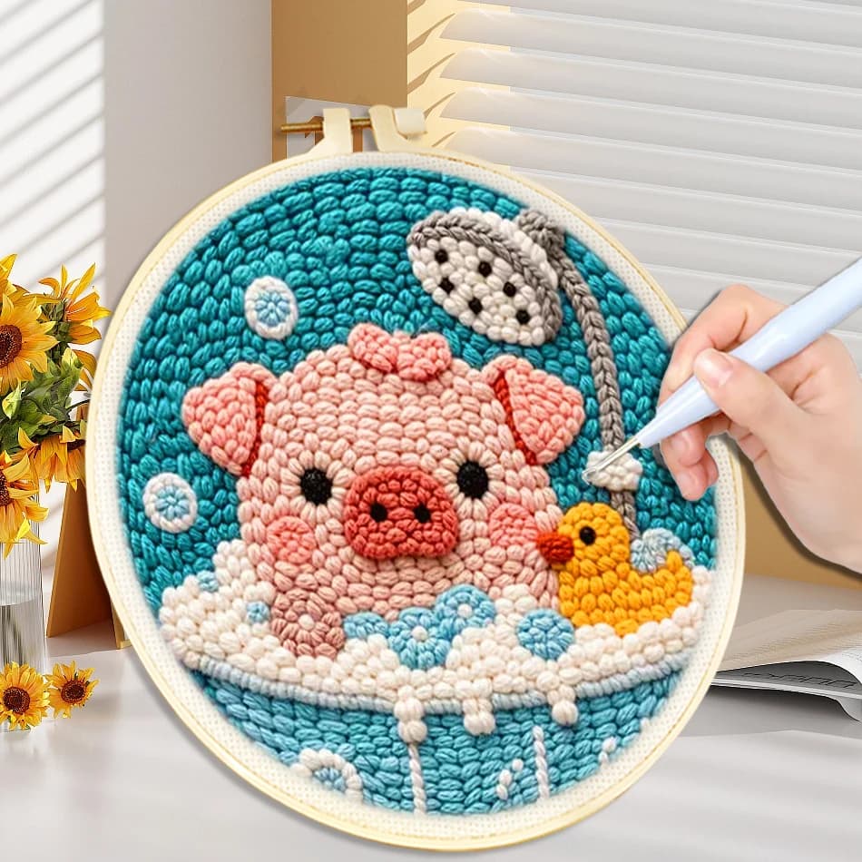 Cute Pig Punch Needle Embroidery Kit Cross Stitch For Adults Yarns and Sewing Needles Cartoon Animal Home Decor DIY Craft Gift