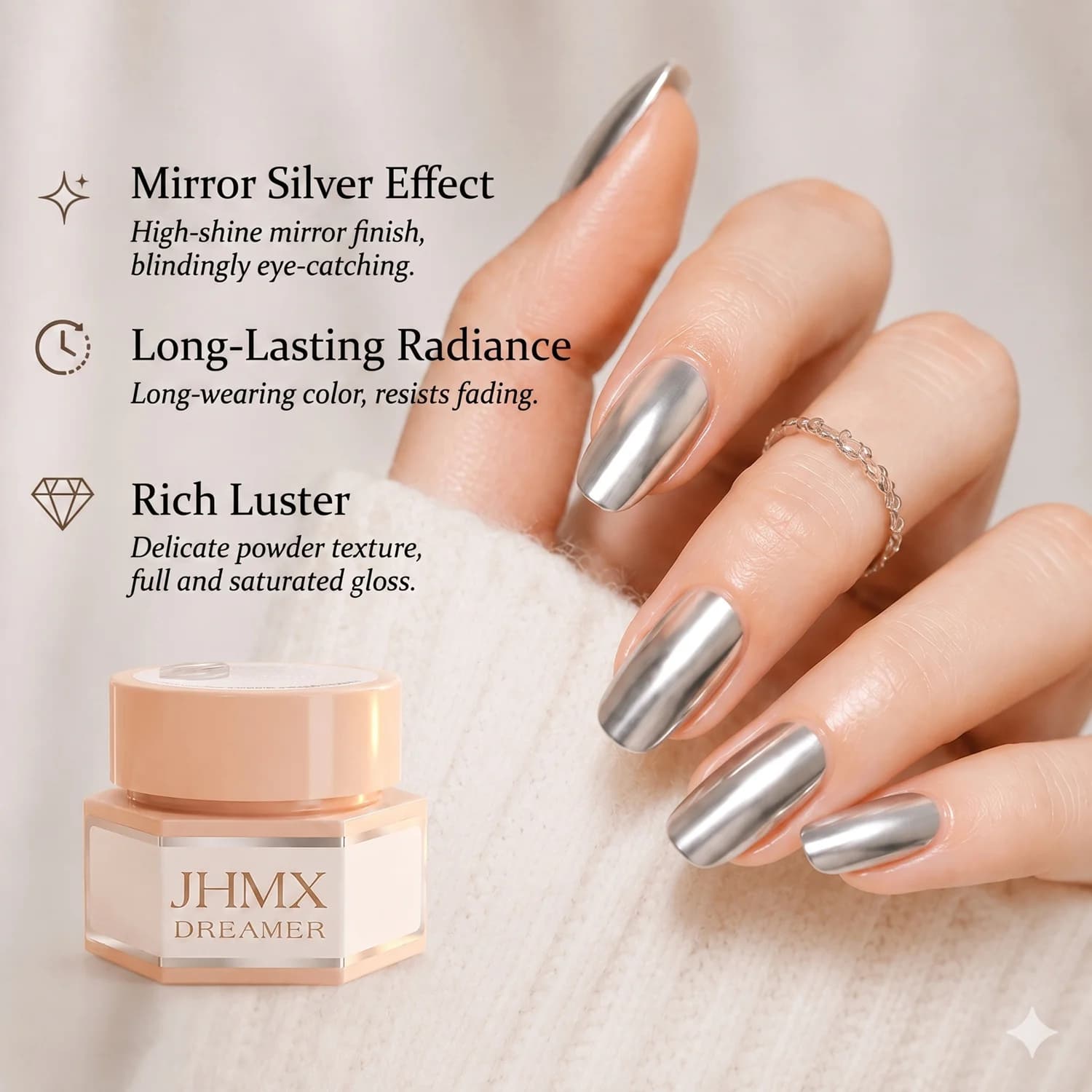 VVSFSSIR Nail Mirror Silver Painting Gel Polish, Metallic Chrome Effect Liner Gel, High Pigment UV LED Nail Art Gel