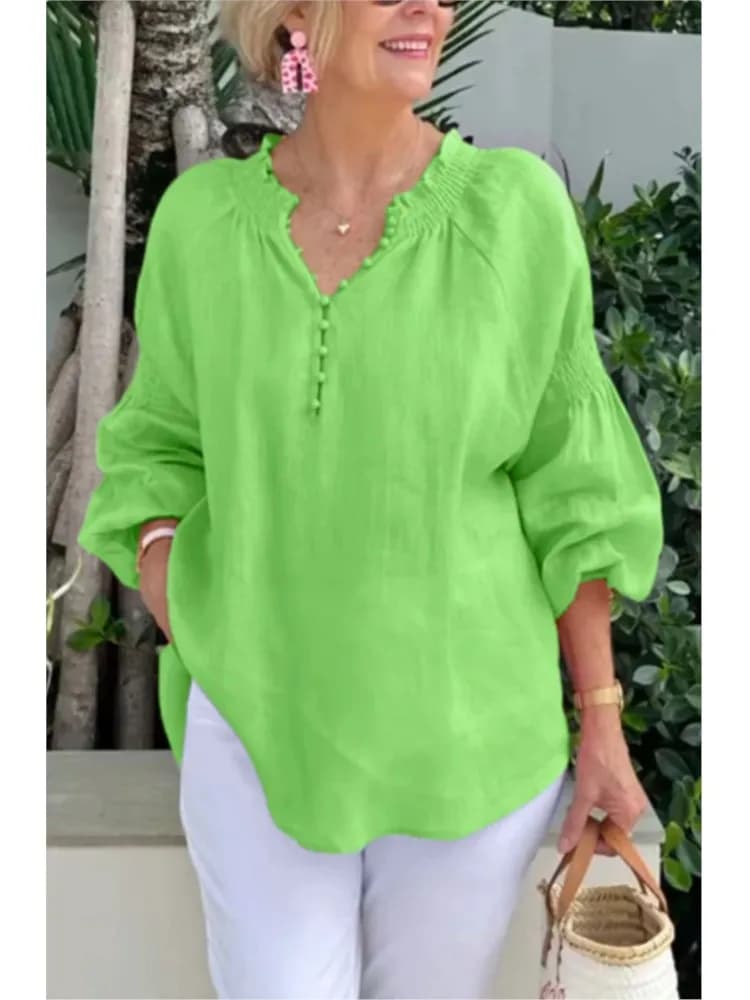 Camicie larghe solide in lino di cotone moda donna estate casual manica lunga scollo a V bottoni camicette e top top eleganti quotidiani femminili