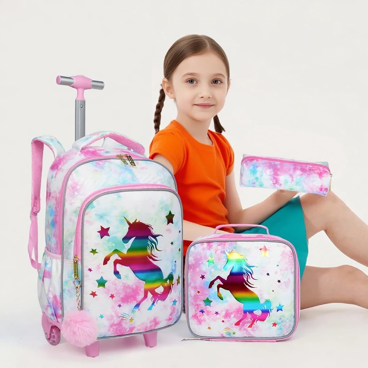 Set di 3 Borse da Viaggio per Bambini, Valigia con Ruote, Zaino con Porta Pranzo e Astuccio, Unicorno Rosa Cartoon, Riflettente Notturno