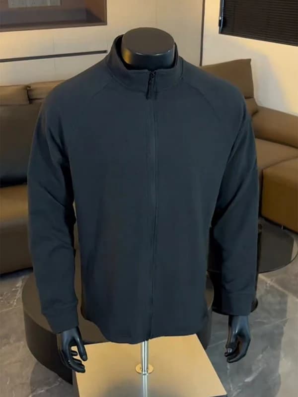 Black Double-Sided Fleece Jacket Men's Fitness Warm Base Layer Slim Fit Open Cardigan Coat Long Sleeve Zipper Closure C...