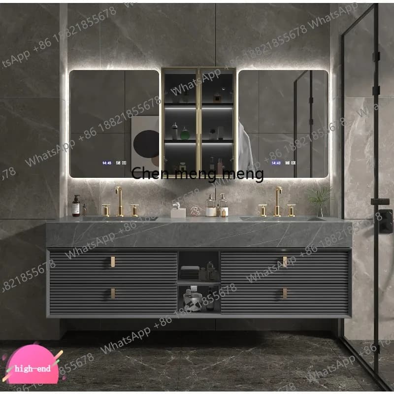 Mobile Bagno Moderno di Lusso Leggero con Specchio Illuminato, Lavabo Doppio Integrato, Rubinetto e Combinazione in Rovere Massello