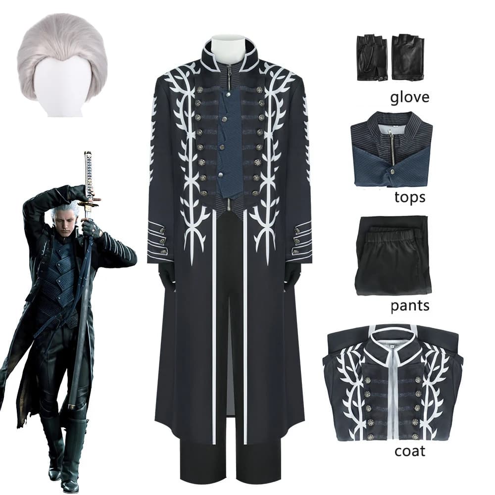 Costume cosplay DMC Vergil, set completo Devil May Cry con parrucca, costume gotico di Halloween per uomo