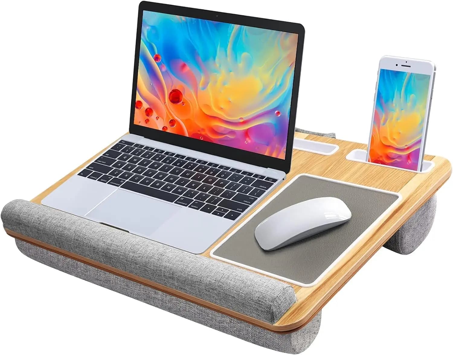 Supporto Portatile per Laptop da 17 Pollici con Tappetino Mouse, Supporto per Polso, Porta Tablet e Telefono - Design Effetto Legno