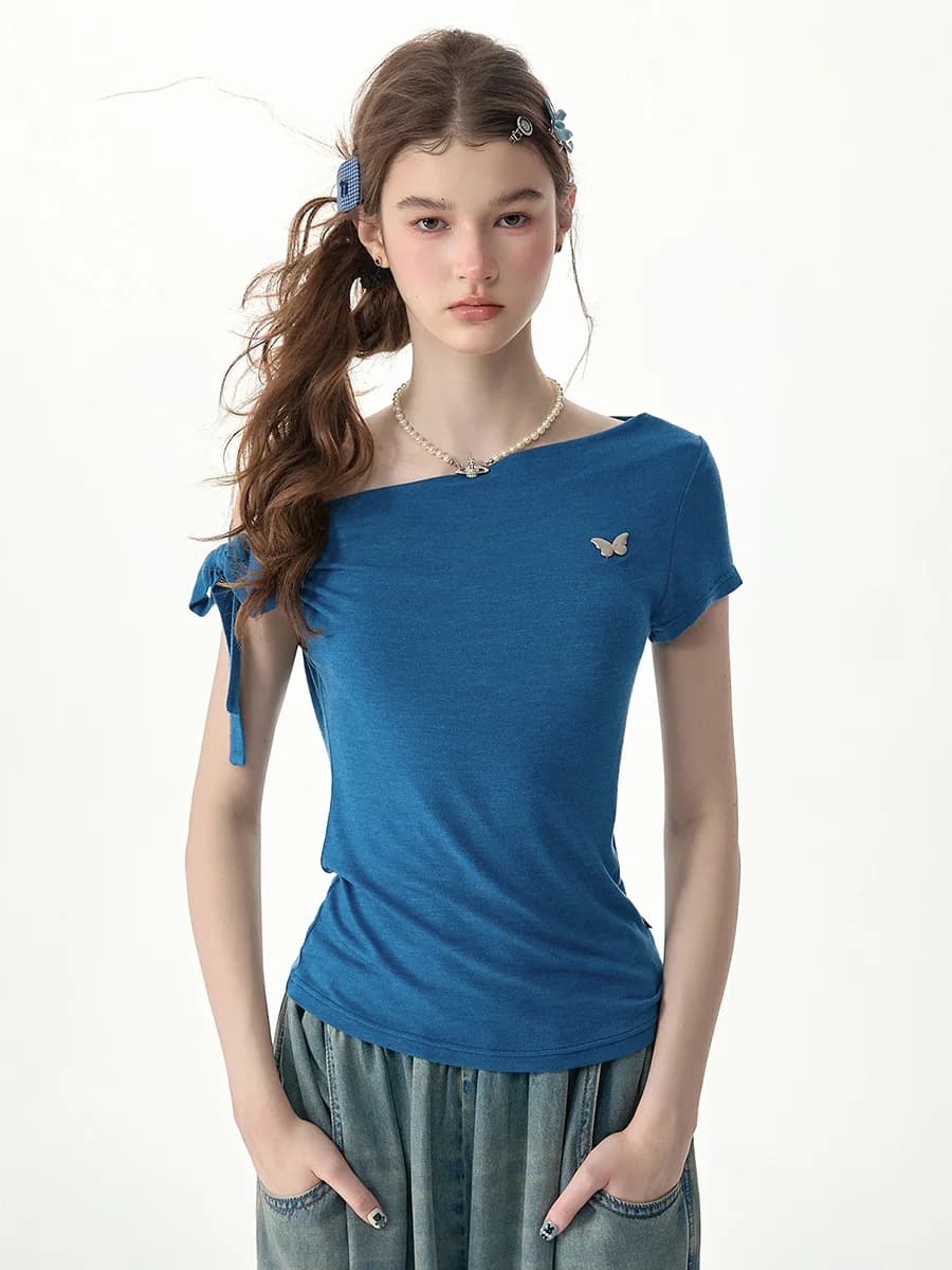 Slimming Blue Summer Shoulder Bared Sweetheart Short Sleeve T-Shirt Women's Retro Style round Neck Patterned Top