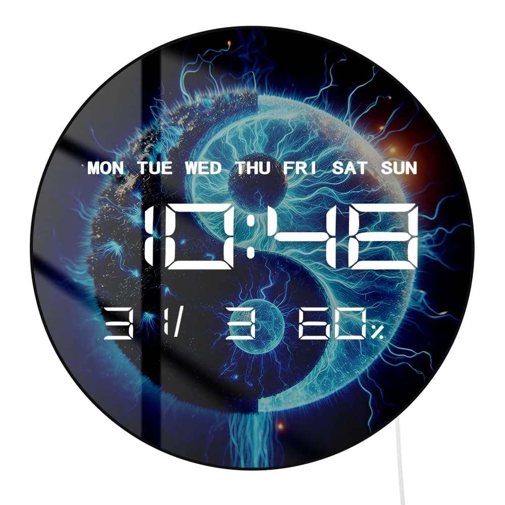 LED digital wall clock with blue sign Yin and Yang, symbol of Chinese philosophy, electric wall clock with large numbers display for spiritual home