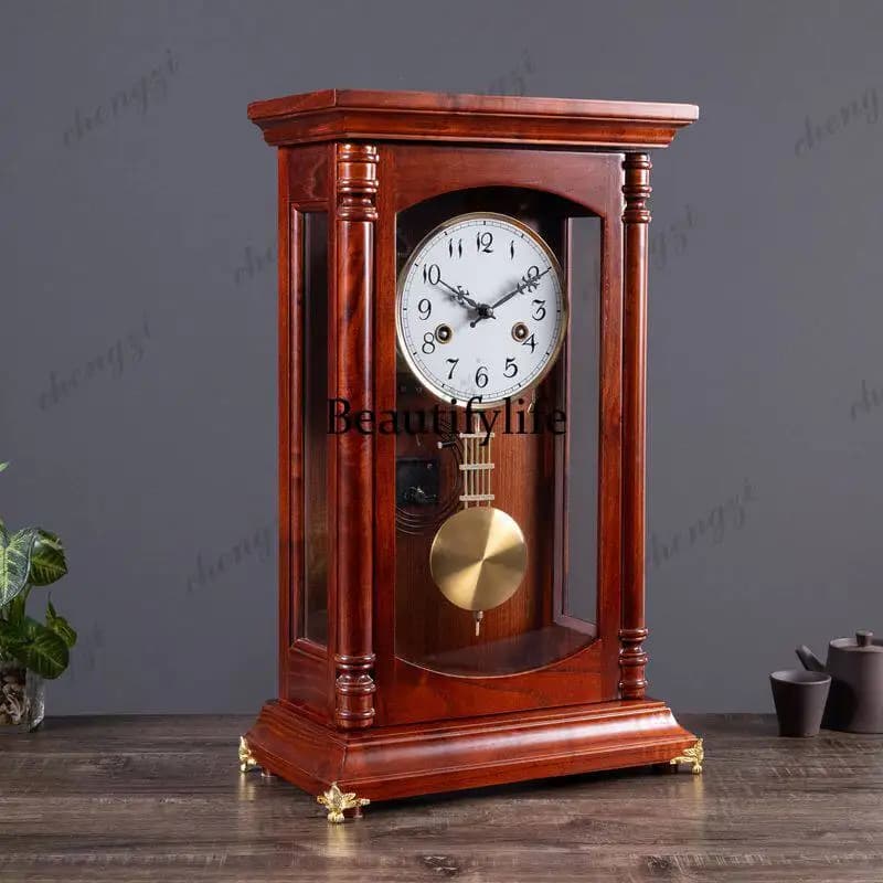 European retro solid wood mechanical clock, living room entrance desktop clock, old-fashioned clockwork pendulum clock
