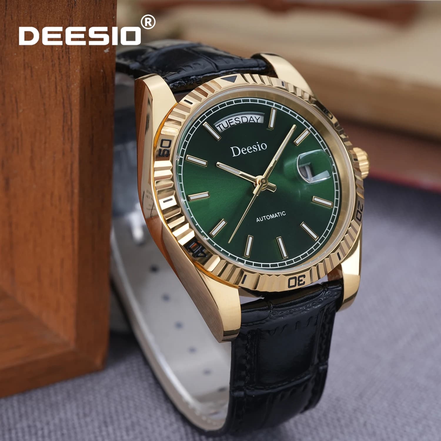 Orologio meccanico automatico da uomo Deesio Business, cinturino in pelle, cassa luminosa in acciaio inossidabile 316L, orologio da polso impermeabile