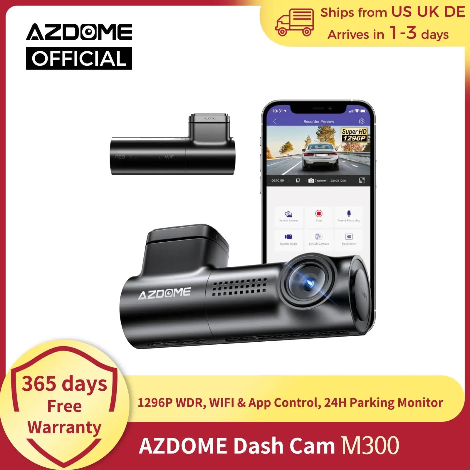 perMagazzino Estero perAZDOME Dash Cam M300-335R 1296P Car Camera with Vocal Control, DVR for Auto, Dashcam WiFi, Monitoring Parking 24H