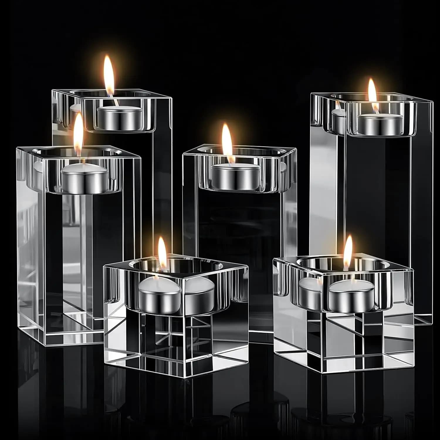 Set of 6 Crystal Candle Holders, Votive Candle Glass Holders, Wedding Decoration, Dining Room and Living Room, 1.57", 3,15", 3,94"