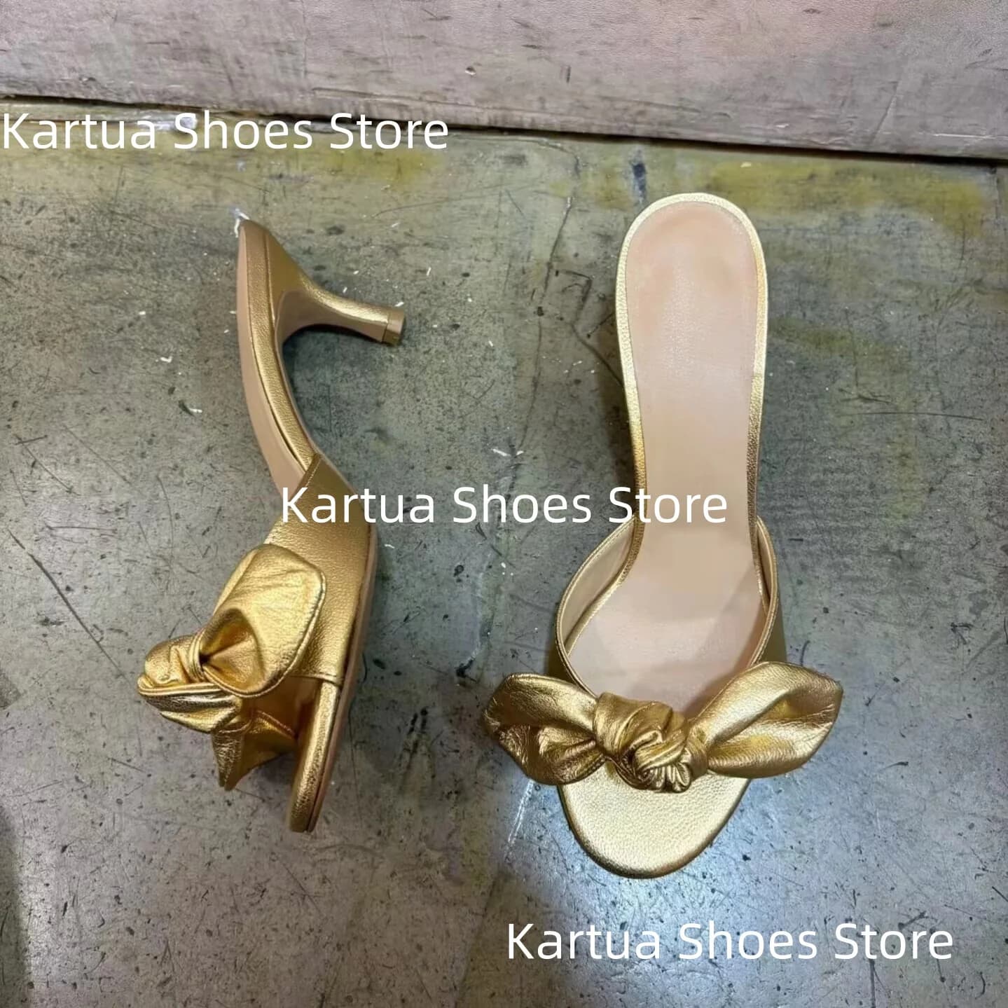 Women's Gold Metallic Bow Embellished Mules High Heel Square Toe Sandals Luxurious Elegant Slip-On Design Ladies Party Slippers