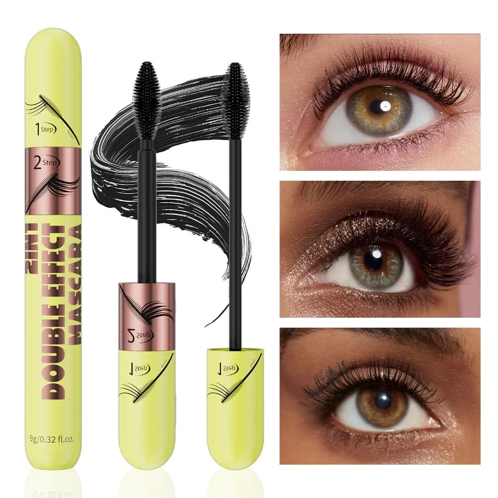 Mascara 2 in 1 double effect: elongating, curling and volumizing, waterproof with tubular technology, proof of deburring for daily and long-lasting use.
