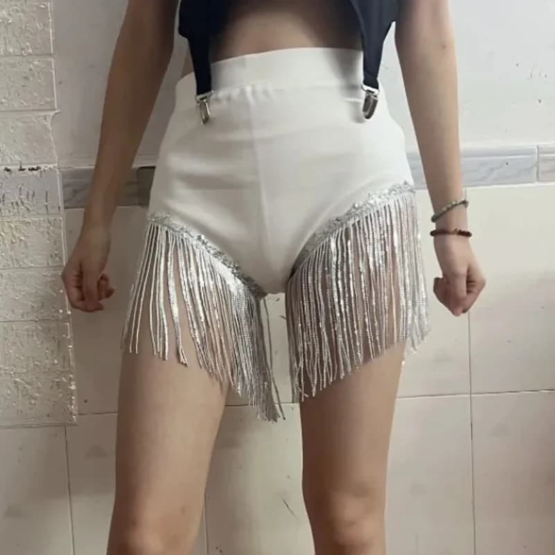 Shorts da Donna a Vita Alta con Frange di Strass e Paillettes, Stile A-Line, Sexy, per Danza Jazz, Pole Dance e Performance sul Palco