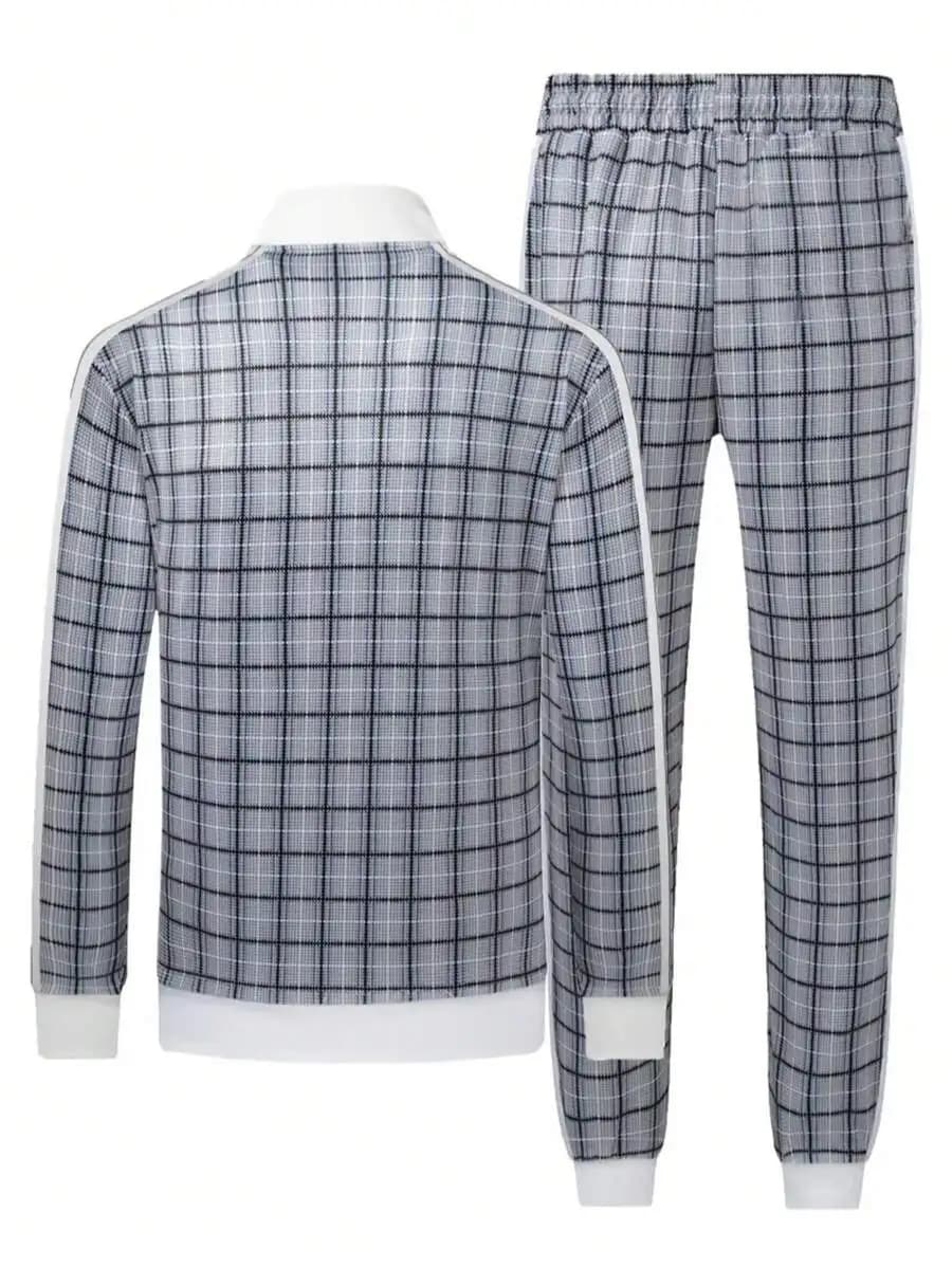 Set Sportivo da Uomo con Stampa a Quadri, Felpa con Zip Intera a Maniche Lunghe e Pantaloni con Elastico in Vita per Fitness, Corsa e Uso Casual