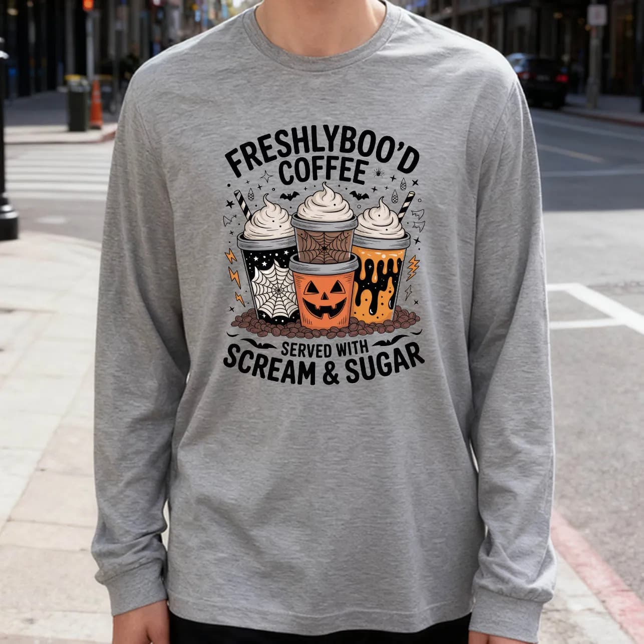 Men's Long Sleeved T-shirt Freshlyboo'D Coffee 180g 100% cotton printed casual crew neck to wear every day soft and breathable