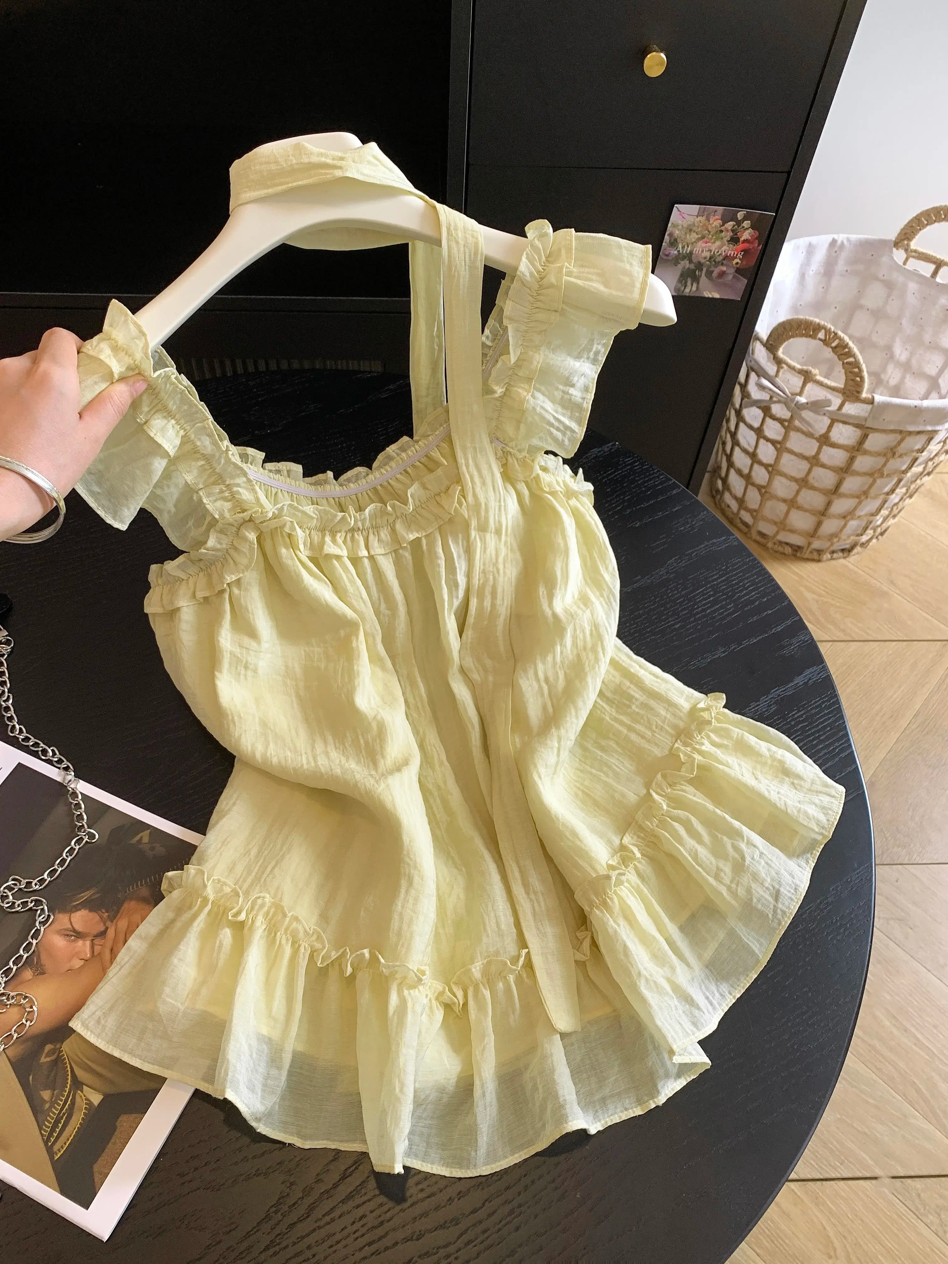 Romantic Goose Yellow Lace Trim Chiffon Top Women Summer New Sweet Fairy Loose Small Strapless Blouse French Style Breathable...