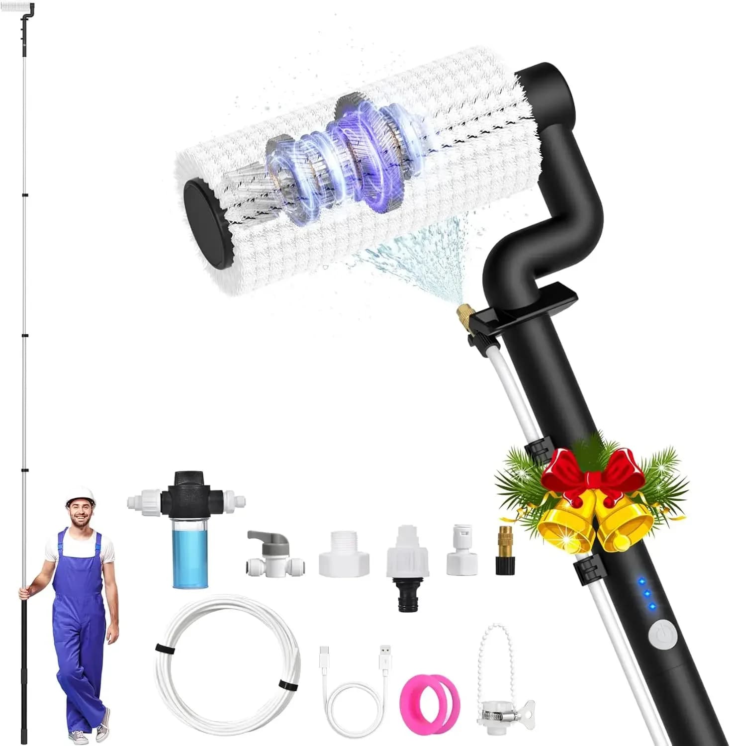 Kit di Pulizia per Pannelli Solari Elettrici, Spazzola e Asta Telescopica da 20 Piedi con Dispenser di Sapone, Asta Telescopica Alimentata ad Acqua, 100M
