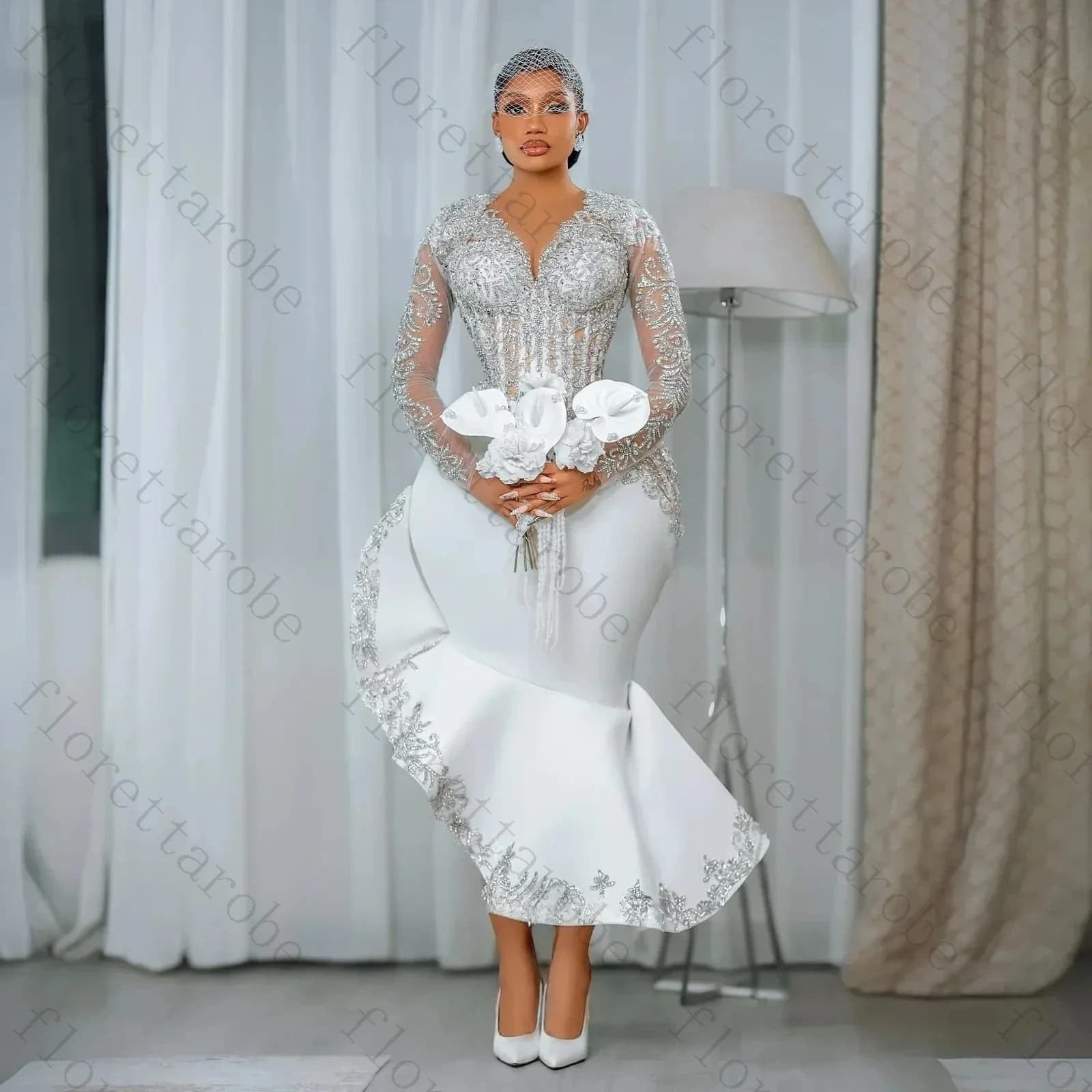 Customized Modern Elegant Mermaid Wedding Dresses Exquisite Asymmetry Bridal Gown Beads Sequins Applique Long Sleeve Bride Gowns