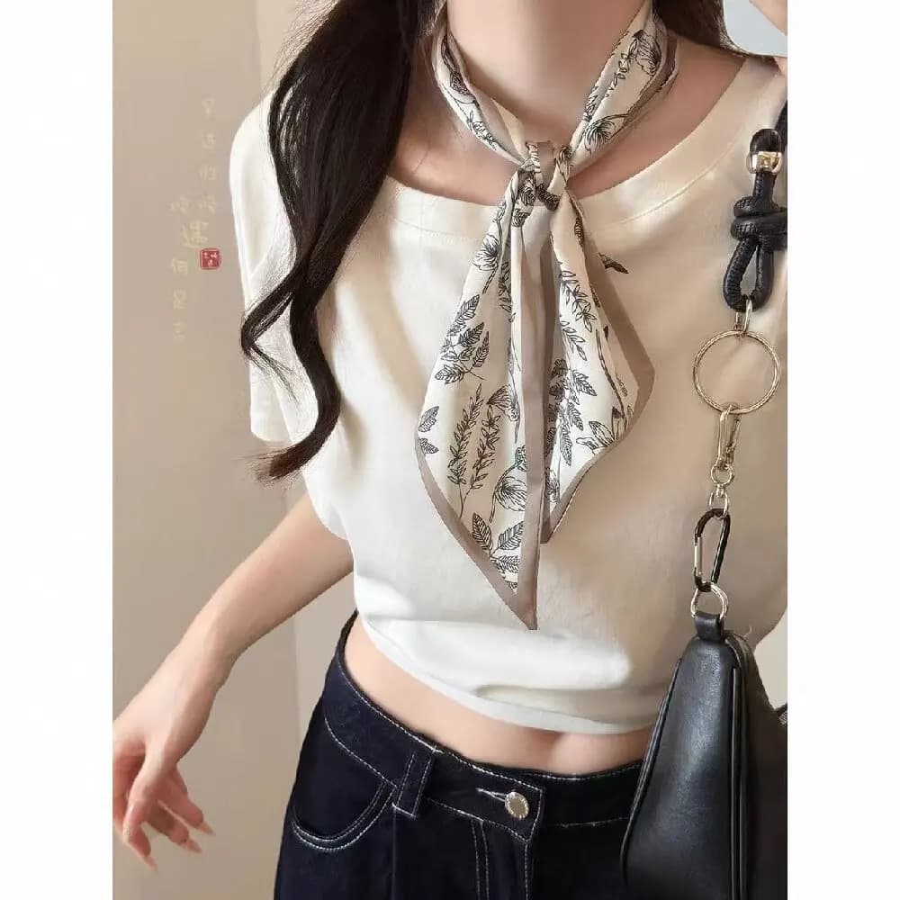 Sciarpa con fascia stampata alla moda, fazzoletto da collo da donna, foulard snello in seta, cravatta floreale in raso da donna, decorazione jeans
