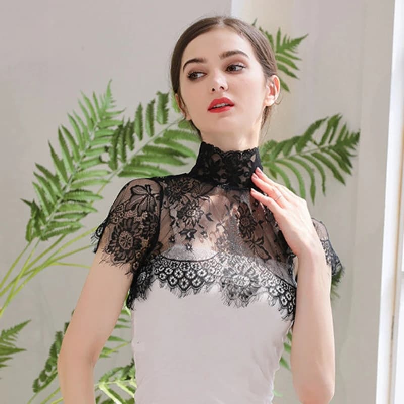 Camicetta da donna con colletto finto staccabile, in pizzo floreale trasparente all'uncinetto con bordo a ciglia, copricollo per abito da sposa