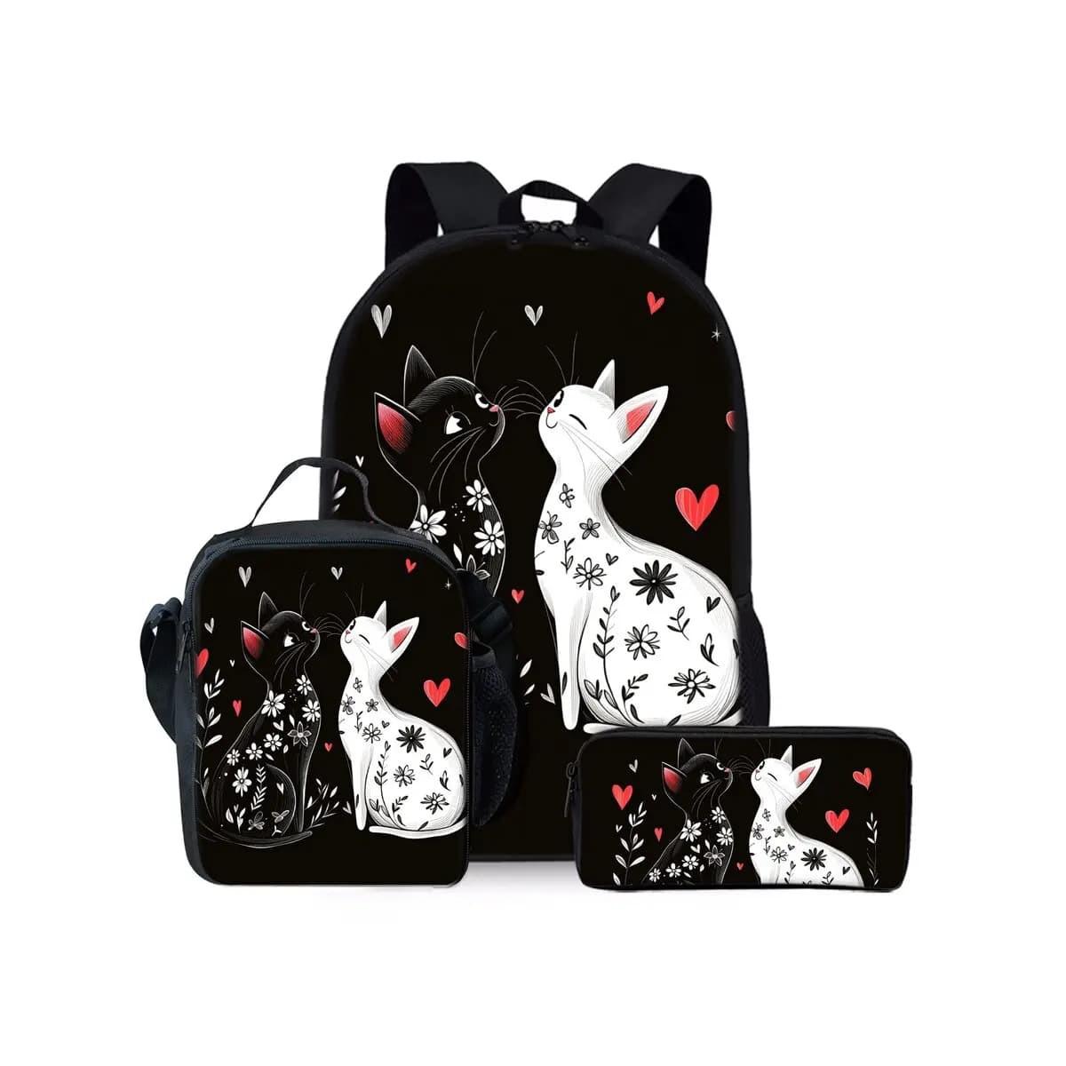 Black White Cat Print Three Piece Set Backpacks For Boy And Girls Best Gifts 2D Flat Cartoon School Bag For Children