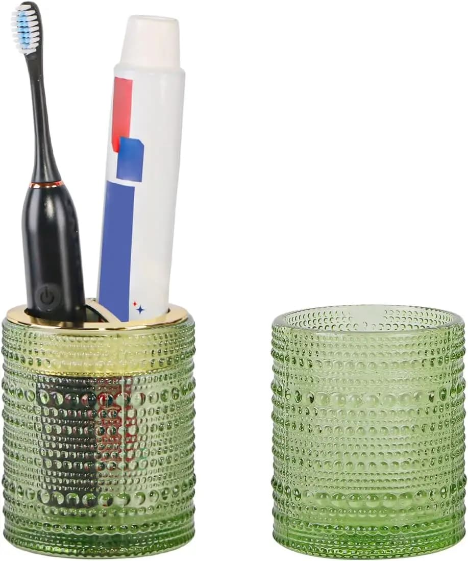 Set di Portaspazzolini in Vetro, 2 Bicchieri da Bagno da 300ml con Slot Staccabile Dorato, Organizer per Dentifricio e Rasoio