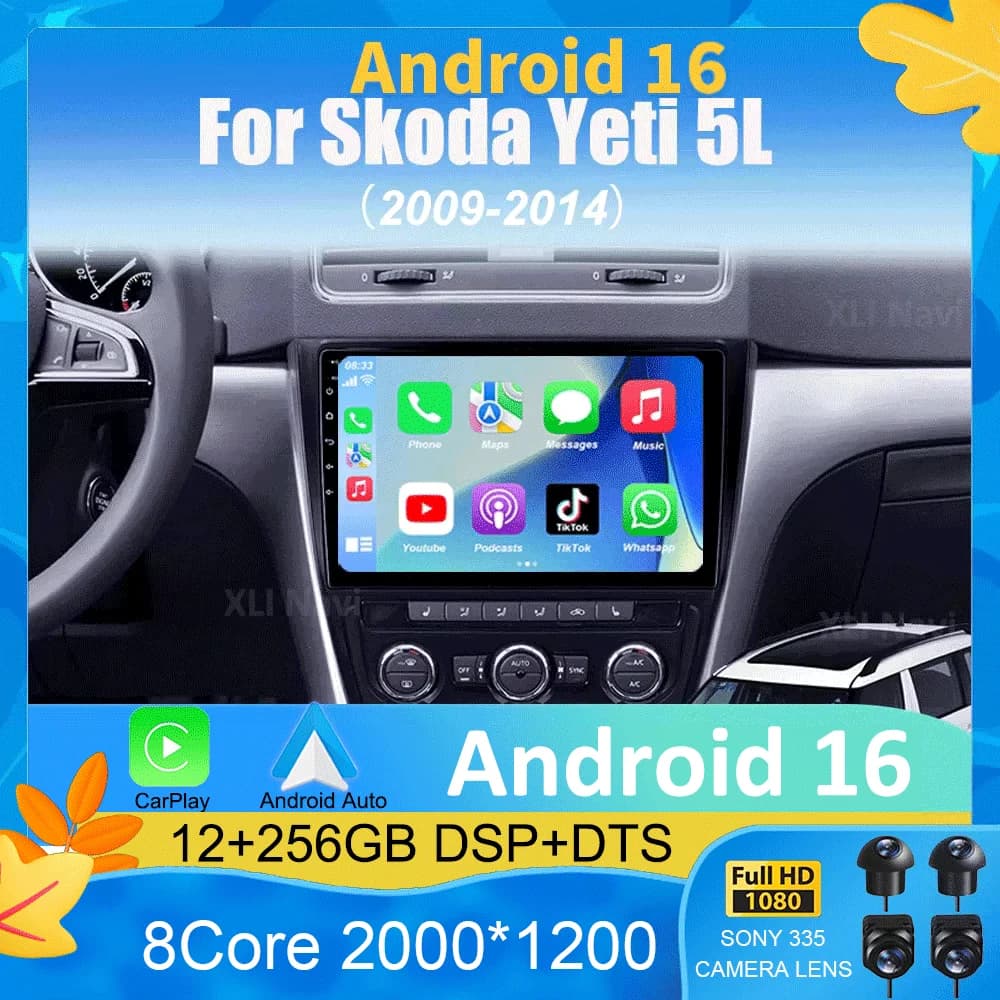 Autoradio Android 16 per Skoda Yeti 5L 2009-2014, Lettore Multimediale GPS 4G+WIFI con Carplay e Navigazione