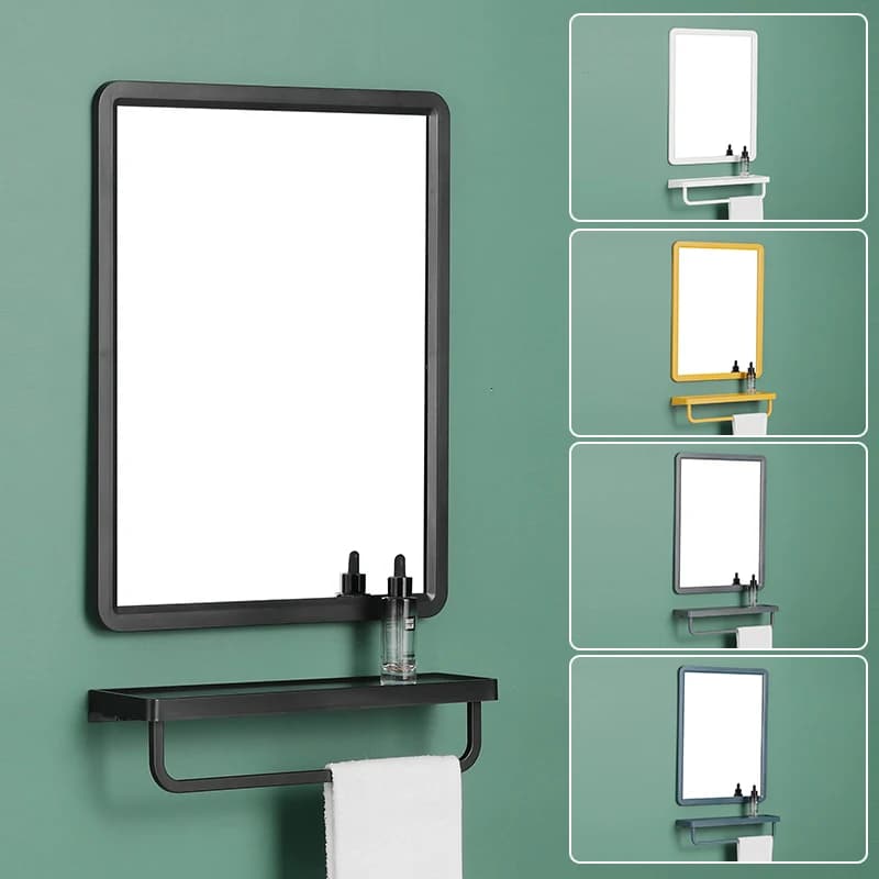 Specchio da bagno quadrato WC WC adesivo da parete non perforante Specchio da parete in vetro per trucco con rack