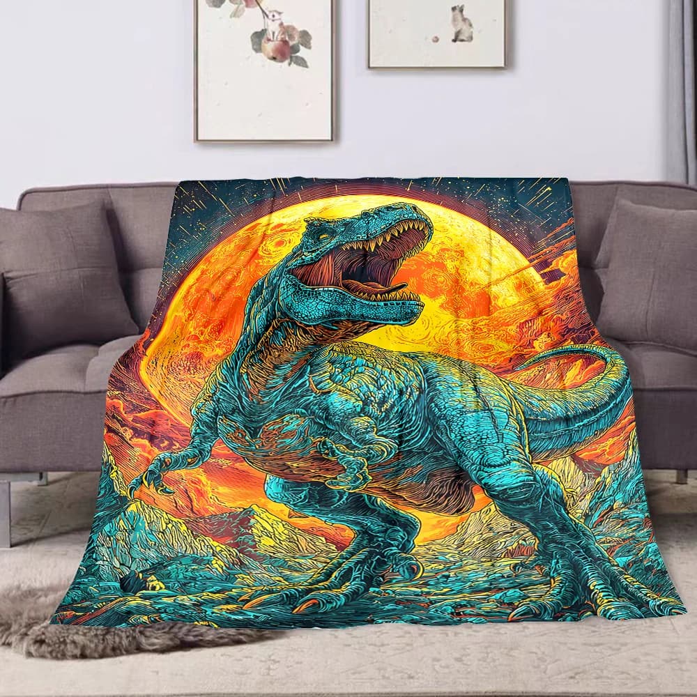 1 coperta stampata con dinosauro che urla davanti al pianeta rosso, coperta multiuso per tutte le stagioni, adatta per divano, campeggio, viaggi, auto