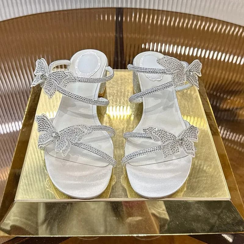 Slippers Women Open Toe Dress Shoes Bling Bling Rhinestone Flower Decor Square Heels Sandals Summer Fashion Party Shoes