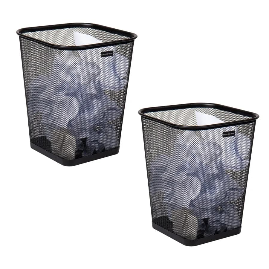 Mesh Trash Can Waste Paper Basket Square Metal Set of 2 Black