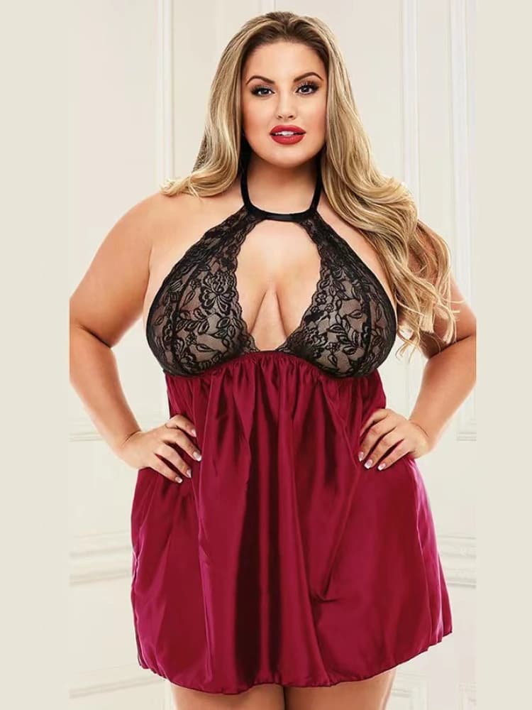 Intimo sexy Taglie forti Abito sexy con scollo all'americana in pizzo Vedi attraverso Pigiama scavato Lingerie da notte per donna Abbigliamento da notte