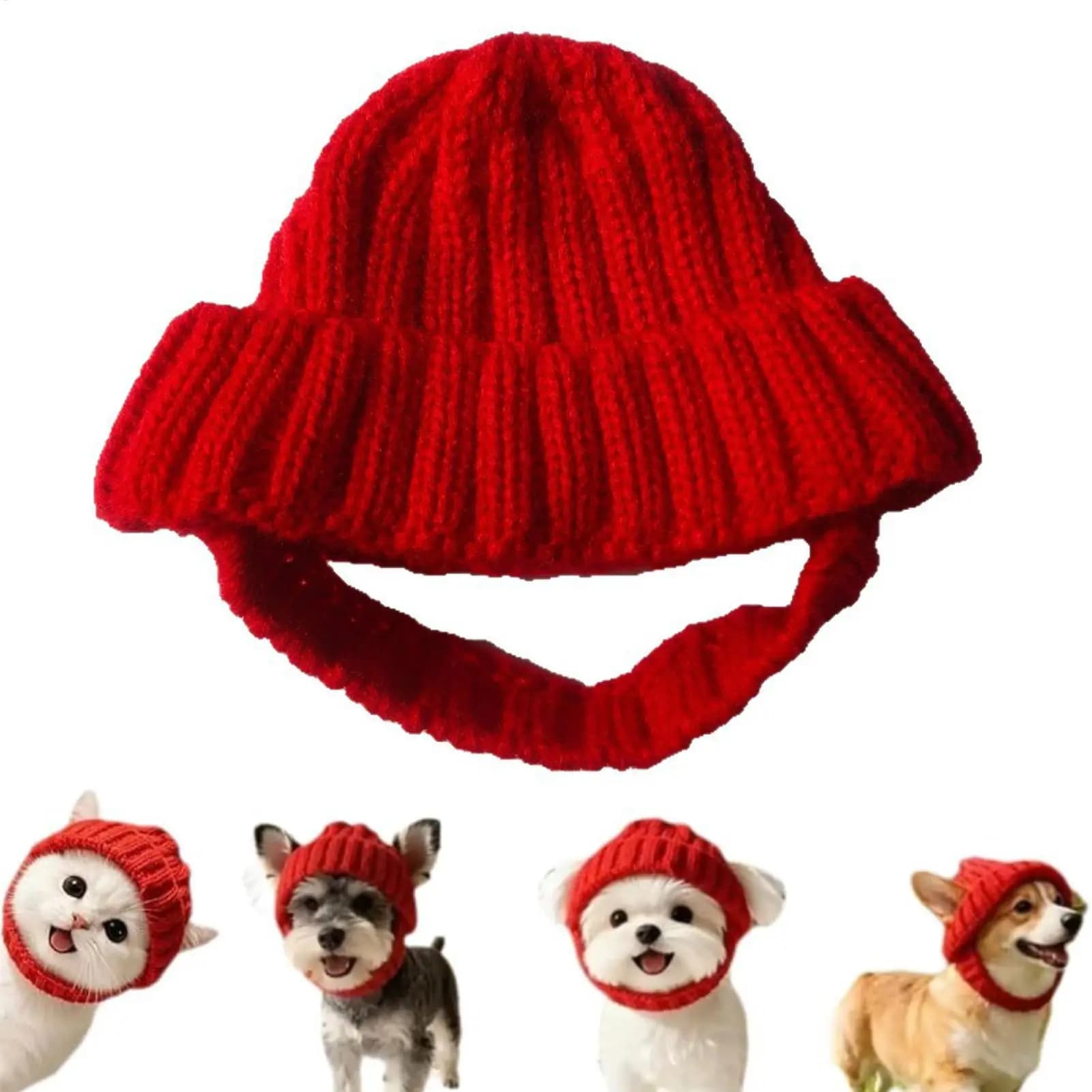 Cappello Lavorato a Maglia per Animali Domestici Rosso Caldo Berretto per Cani con Fori per le Orecchie Copricapo Invernale Caldo Festivo per Cani di Piccola e Media Taglia