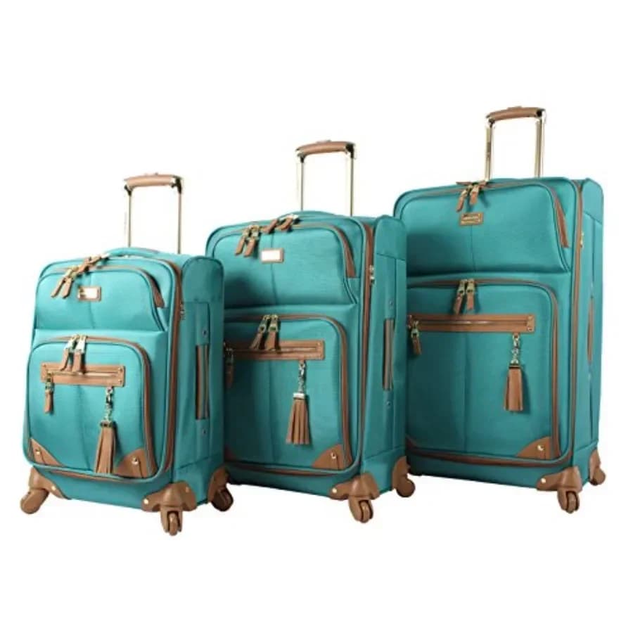 Travel set: softside expandable lightweight spinner suitcases in navy blue20-inch carry-on, 24-inch, and 28-inch checked luggag