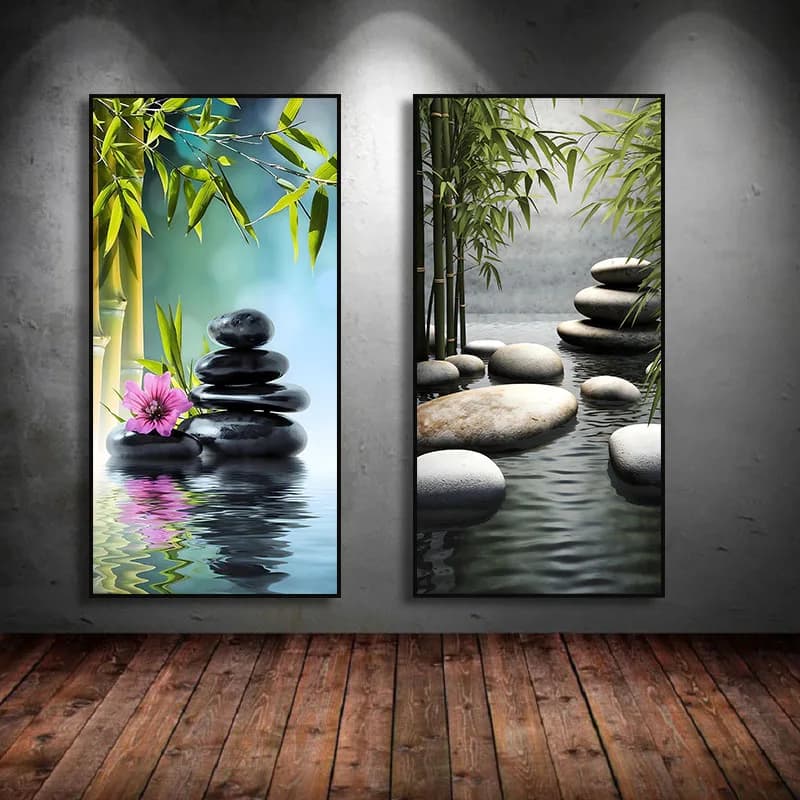 Zen Meditation Stones and Bamboo Canvas Painting Print Calming Nature Poster Wall Art Modern Home Decor Spa Decoration