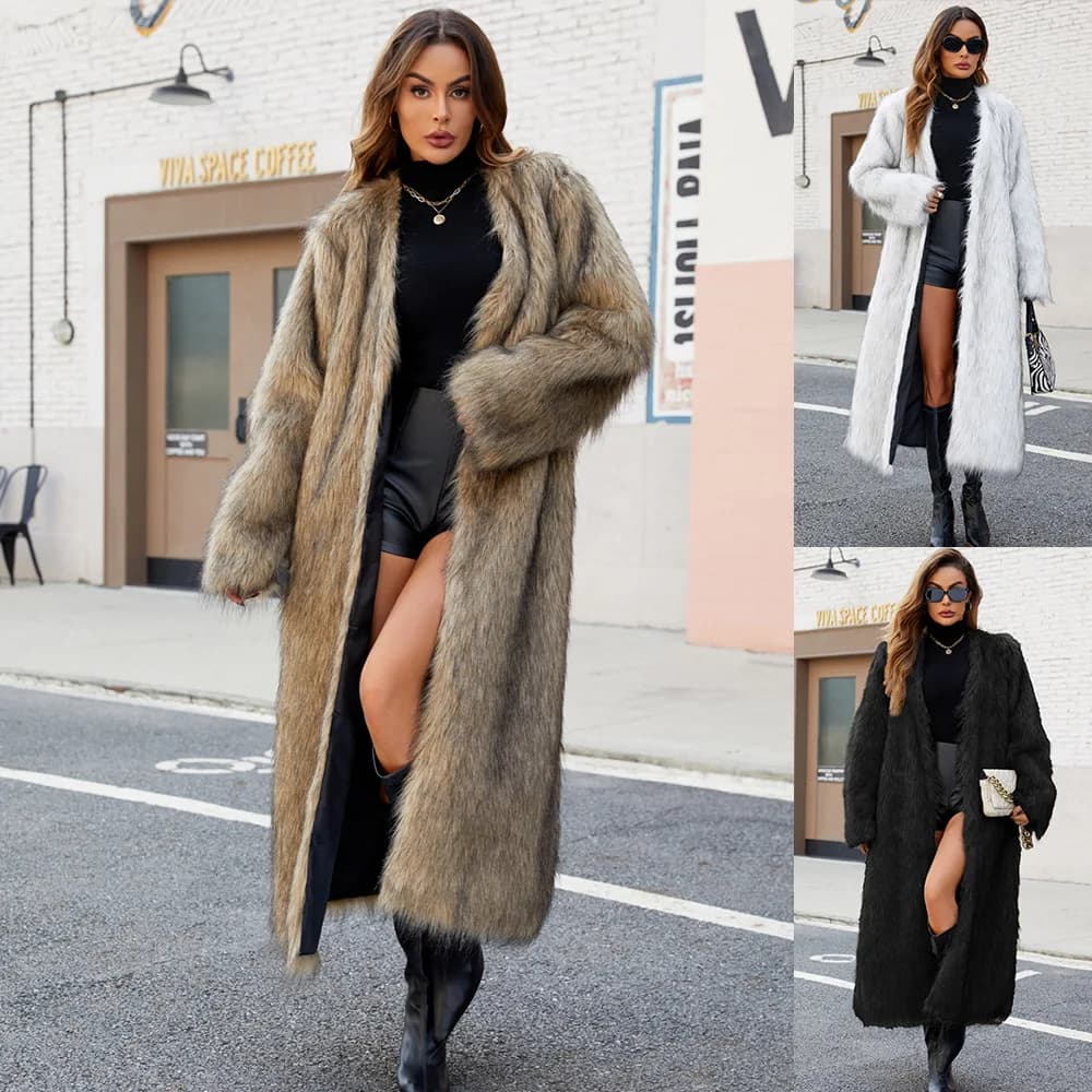 Elegante Cappotto Invernale da Donna in Ecopelliccia Dettagliata, Soprabito Lungo in Pelliccia Sintetica con Scollo a V Sfumato per un Look Raffinato