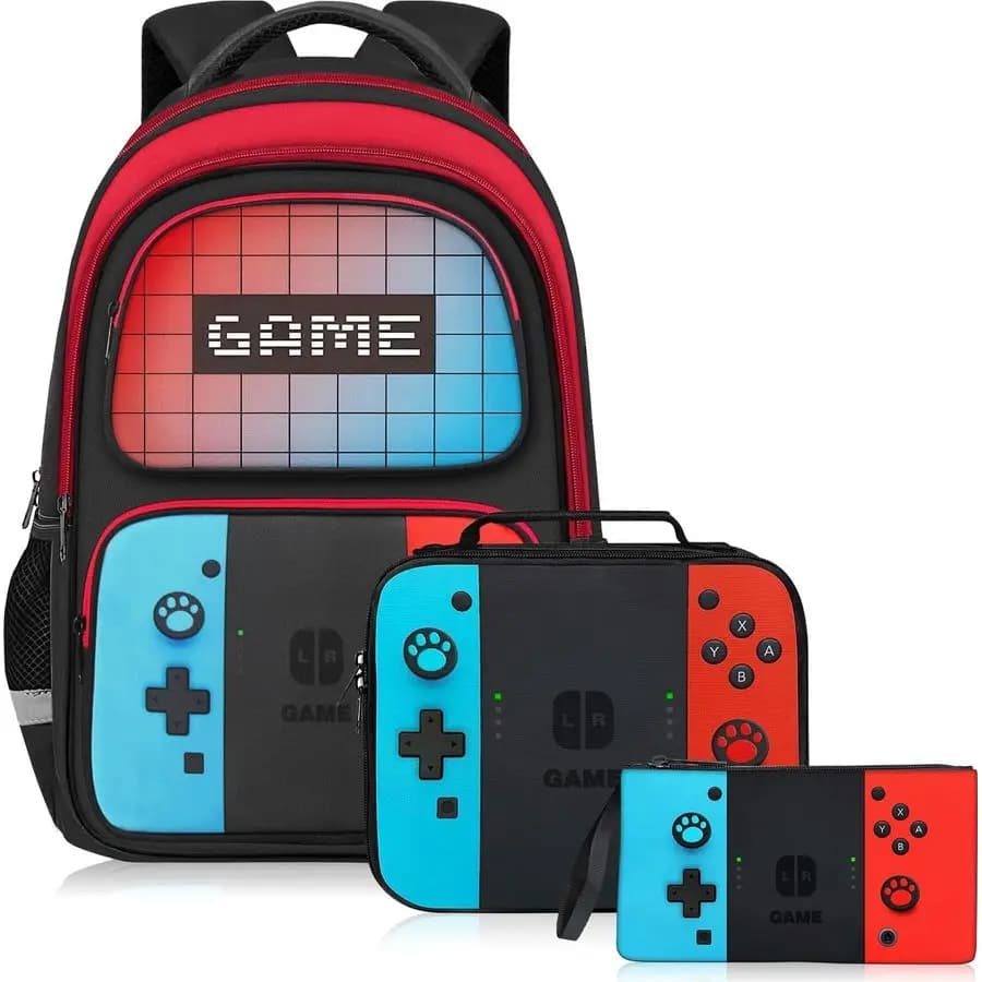 Zaino per Ragazzi 3 Pezzi, Zaino da Gamer con Porta Pranzo e Astuccio per Bambini, Ragazzi, Adolescenti, Scuola Elementare e Media HFHTD