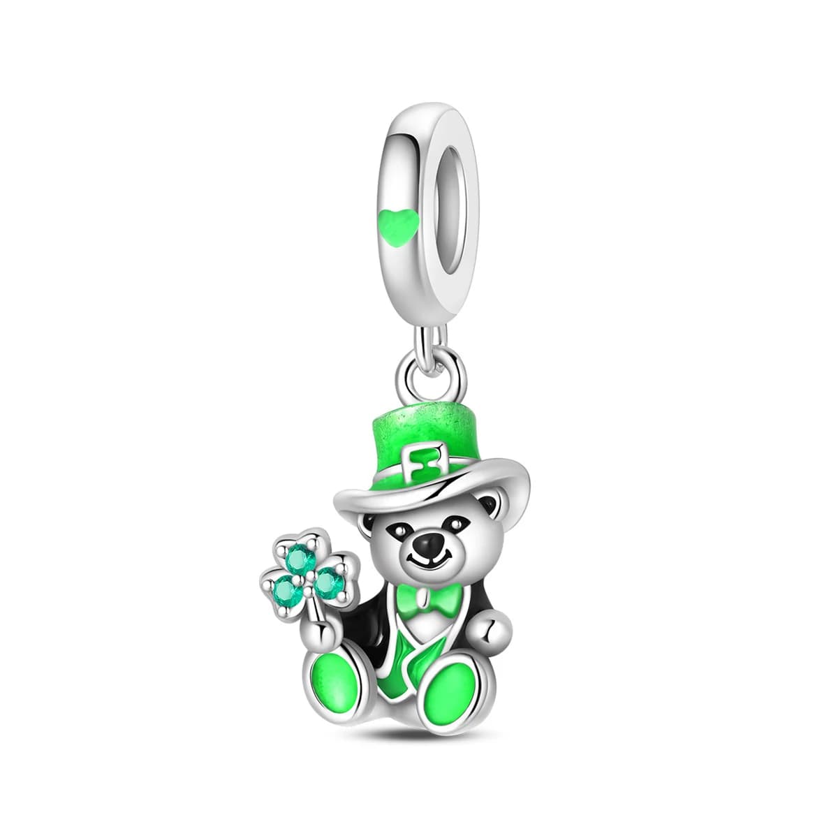 Orsetto leprechaun verde con trifoglio, adatto per braccialetti con ciondoli originali in argento 925, gioielli portafortuna per la festa di San Patrizio, regali per le donne