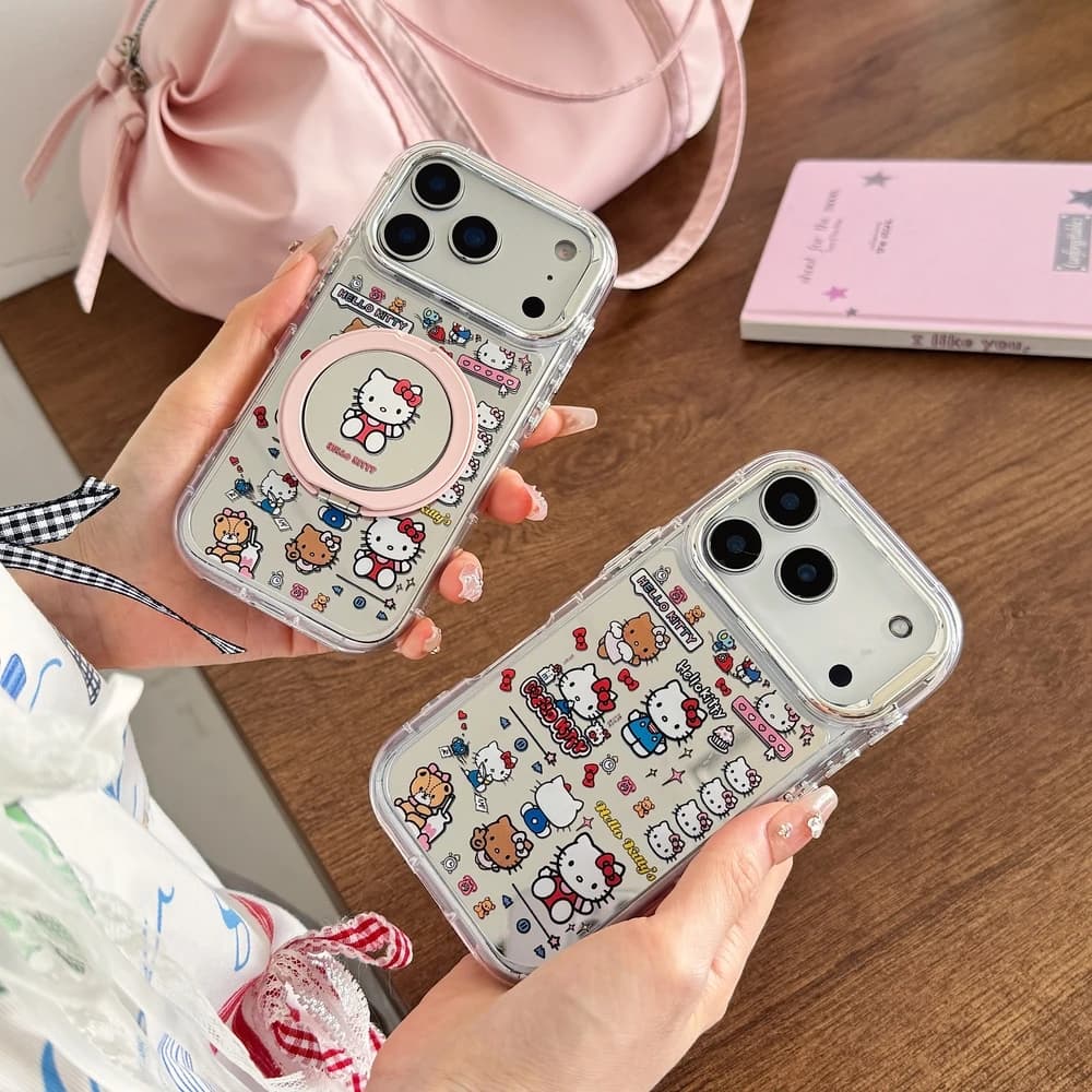 Fiocco Sanrio Hello Kitty 360 ° Custodia per iPhone 17 16 15 14 13 Pro Max con Specchio Girevole per Trucco e Anello di Supporto Integrato