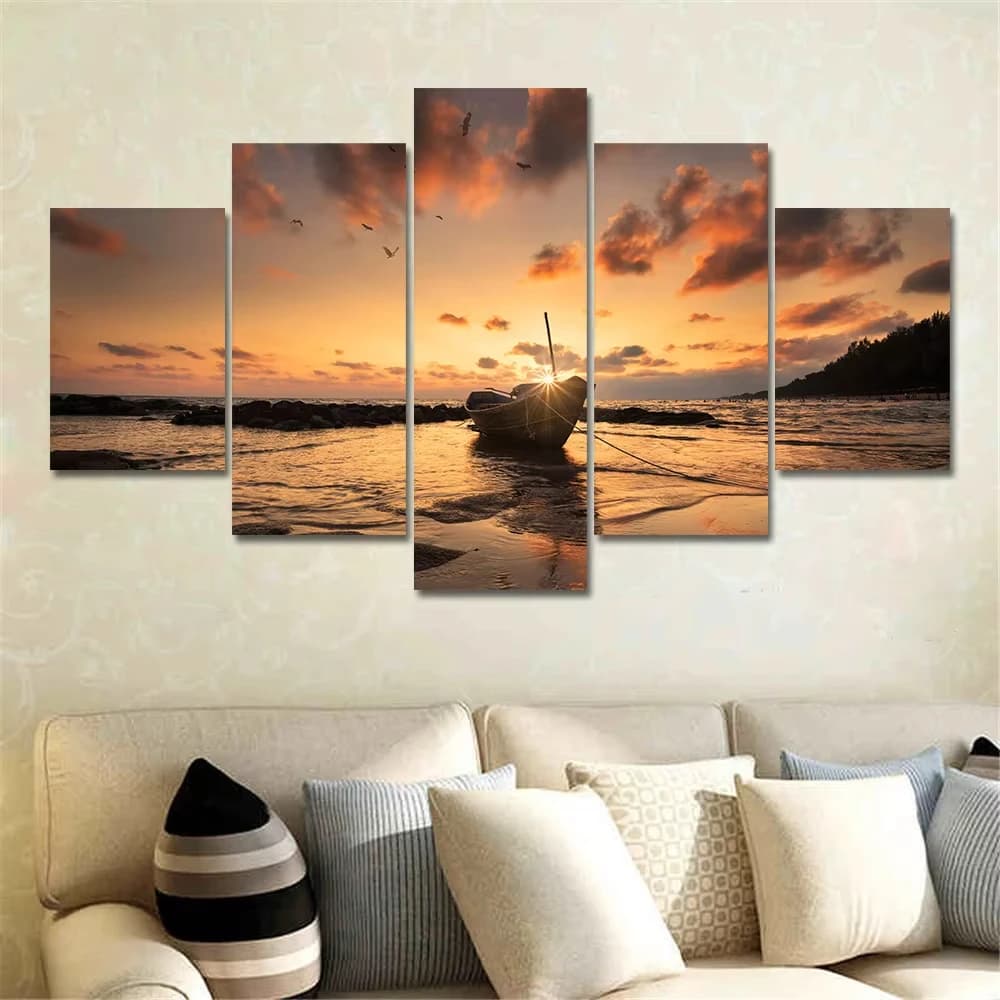 Quadro su Tela in 5 Pannelli con Immagini di Barche e Navi, Poster e Stampe di Paesaggi Marini, Arte Murale per Soggiorno, Decorazione Casa Senza Cornice