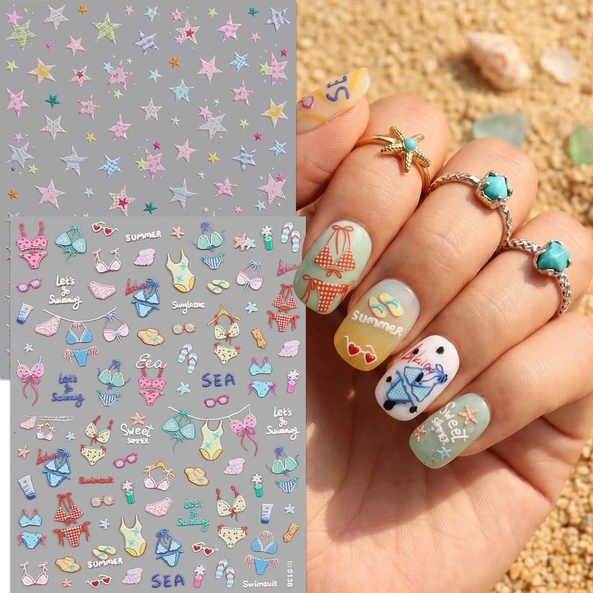 Adesivi per Unghie 5D con Motivi Estivi, Decorazioni Colorate a Quadretti e Stelle per Vacanze al Mare, Feste in Piscina e Manicure Fai-da-Te