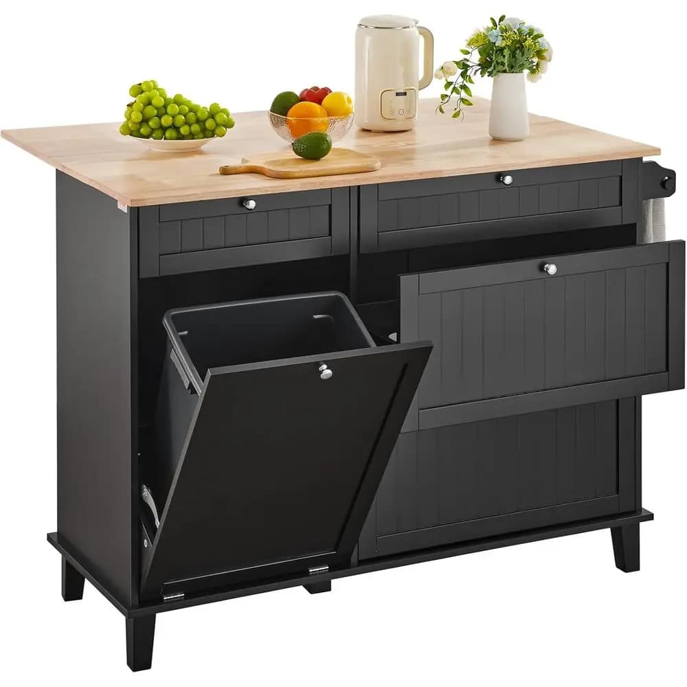 Carrello da colazione con piano in legno, contenitore per rifiuti da 10 galloni, piano ribaltabile, portasciugamani, nero