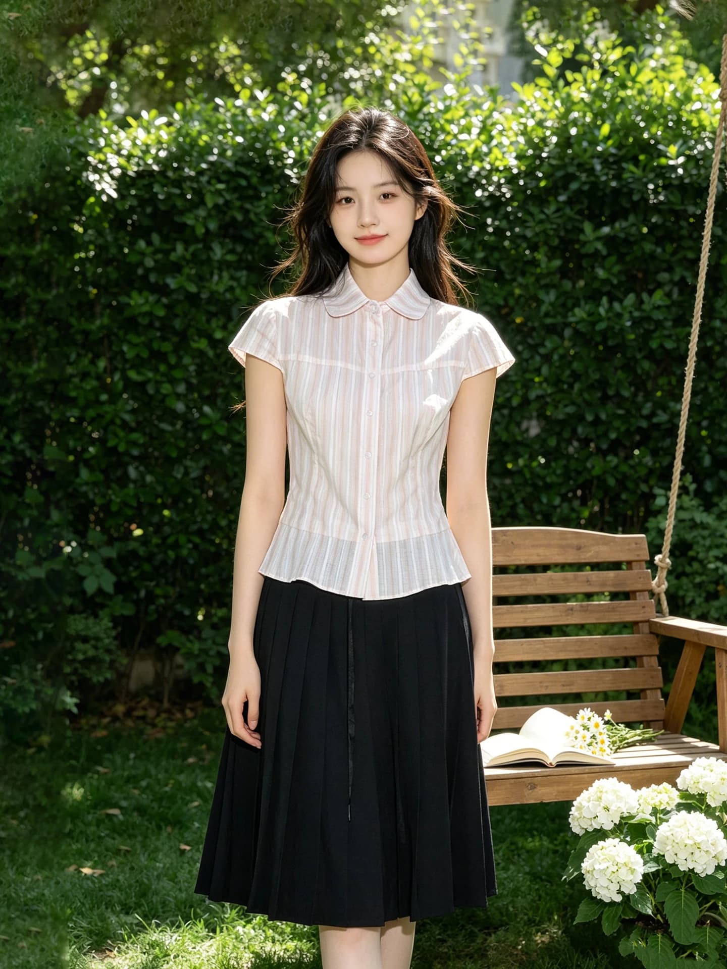 Adorable Girl's Striped Waist-Cinching Shirt And High Waist A-Line Skirt Set Unique And Beautiful Early Summer Fashion Ensemble