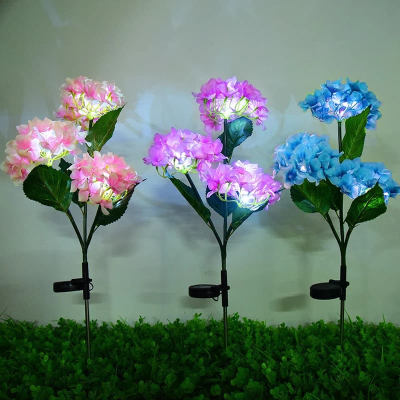 Lampada Solare da Giardino con 3 Fiori Artificiali di Ortensia, Decorazione per Esterni, Patio, Cortile, Matrimoni Estivi e Feste