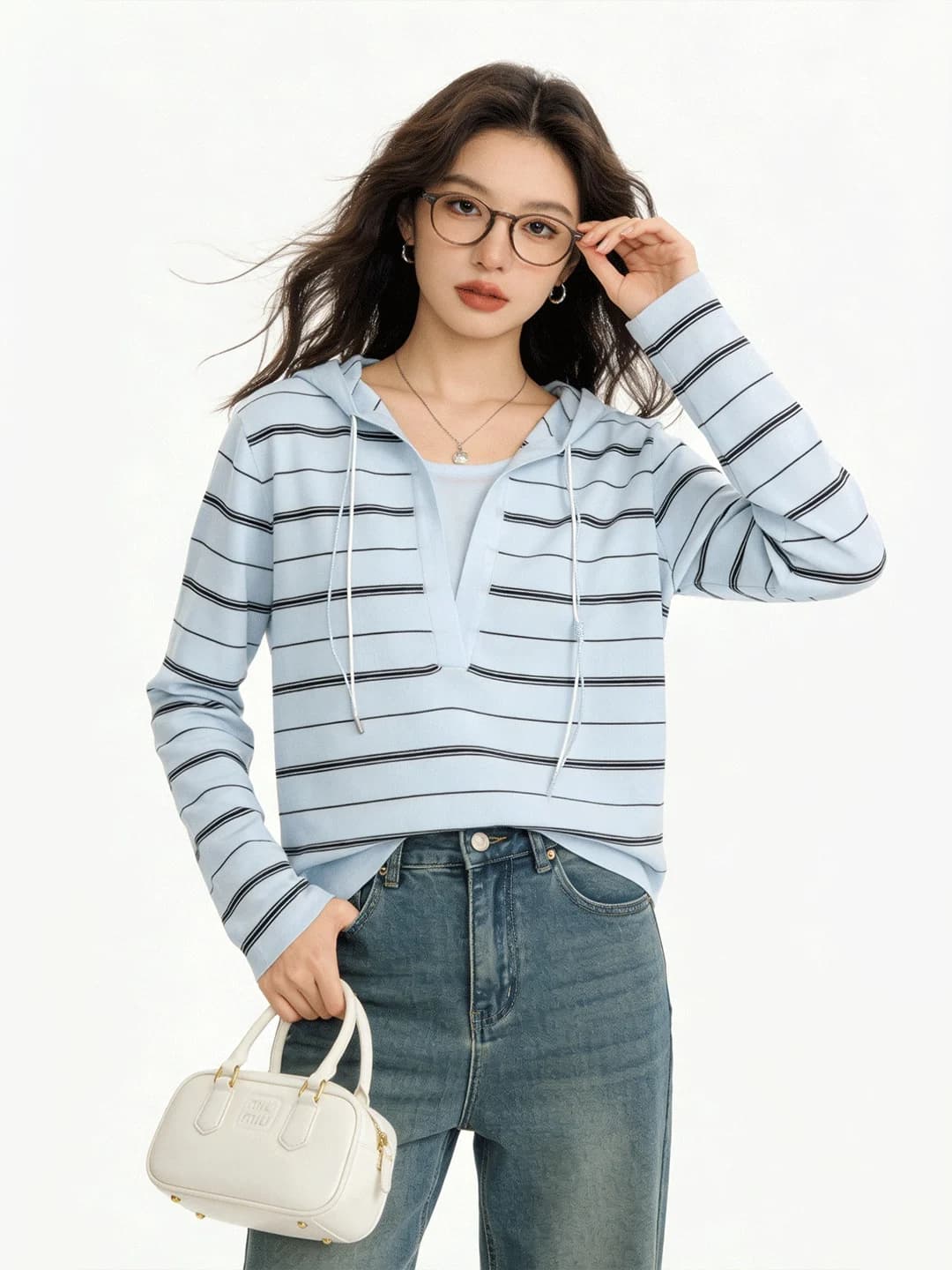 Felpa con Cappuccio a Righe Blu e Bianche, Design con Laccetti, Nuovo Stile Primaverile, Moda Casual Femminile