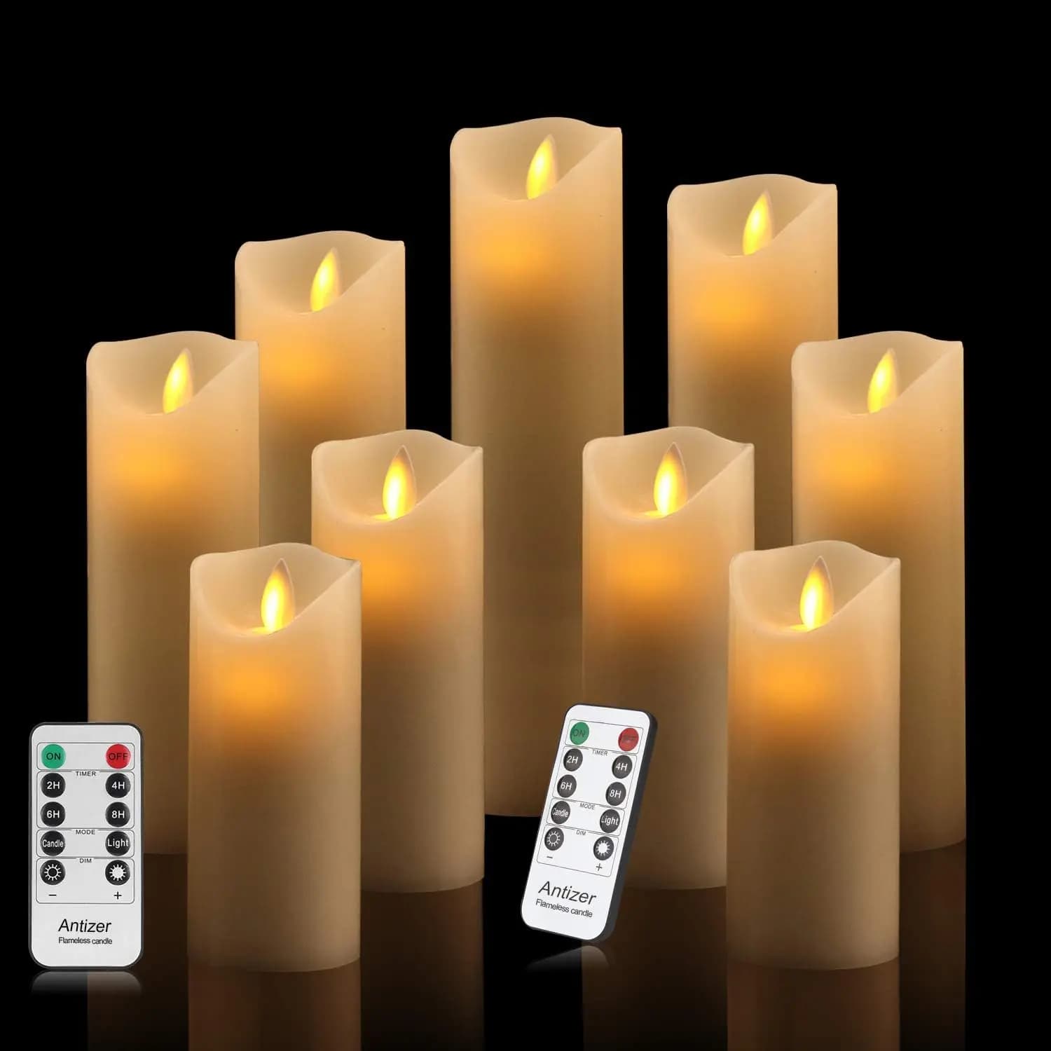 Set of 9 Ivory Flameless Candles with Cera Vera, Dancing LED Flames, Remote Control and Timer - Over 400 Hours of Autonomy
