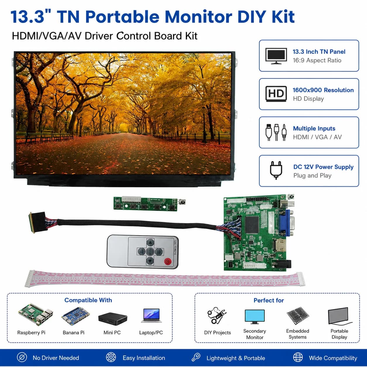 Scheda di controllo driver monitor display LCD da 13,3 pollici 2AV VGA compatibile HDMI per computer Raspberry Pi Banana/Orange Pi