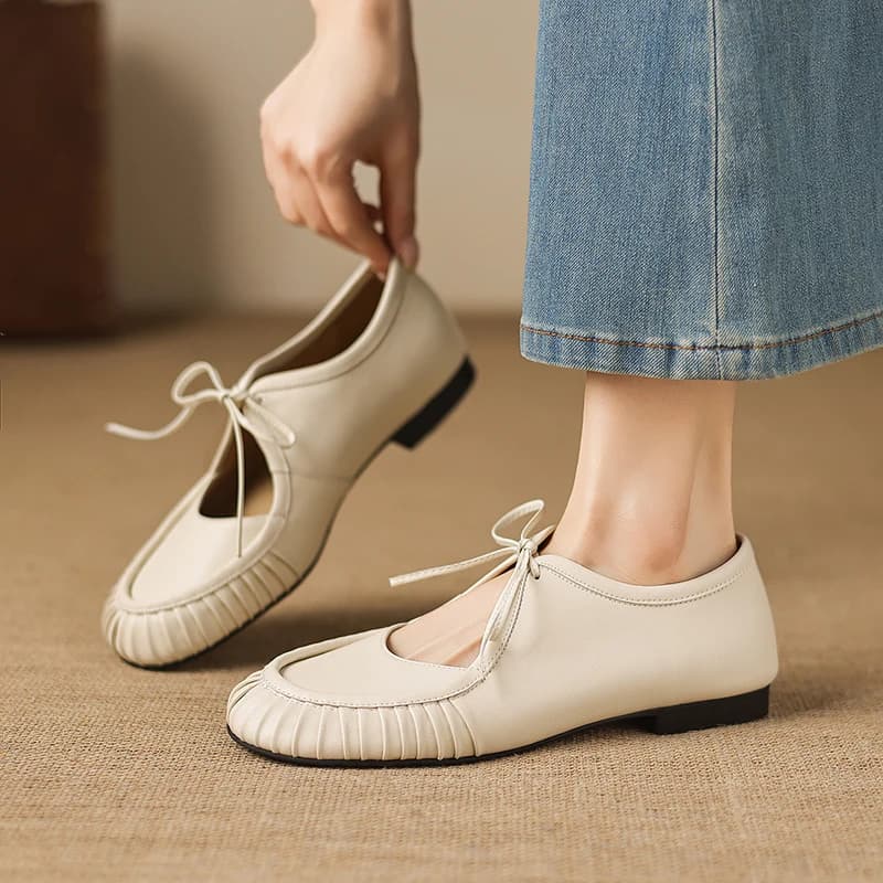 Moccasins with round toe bow pleated in real leather handmade Slip On Low Heel Vintage Autumn Winter New women's shoes