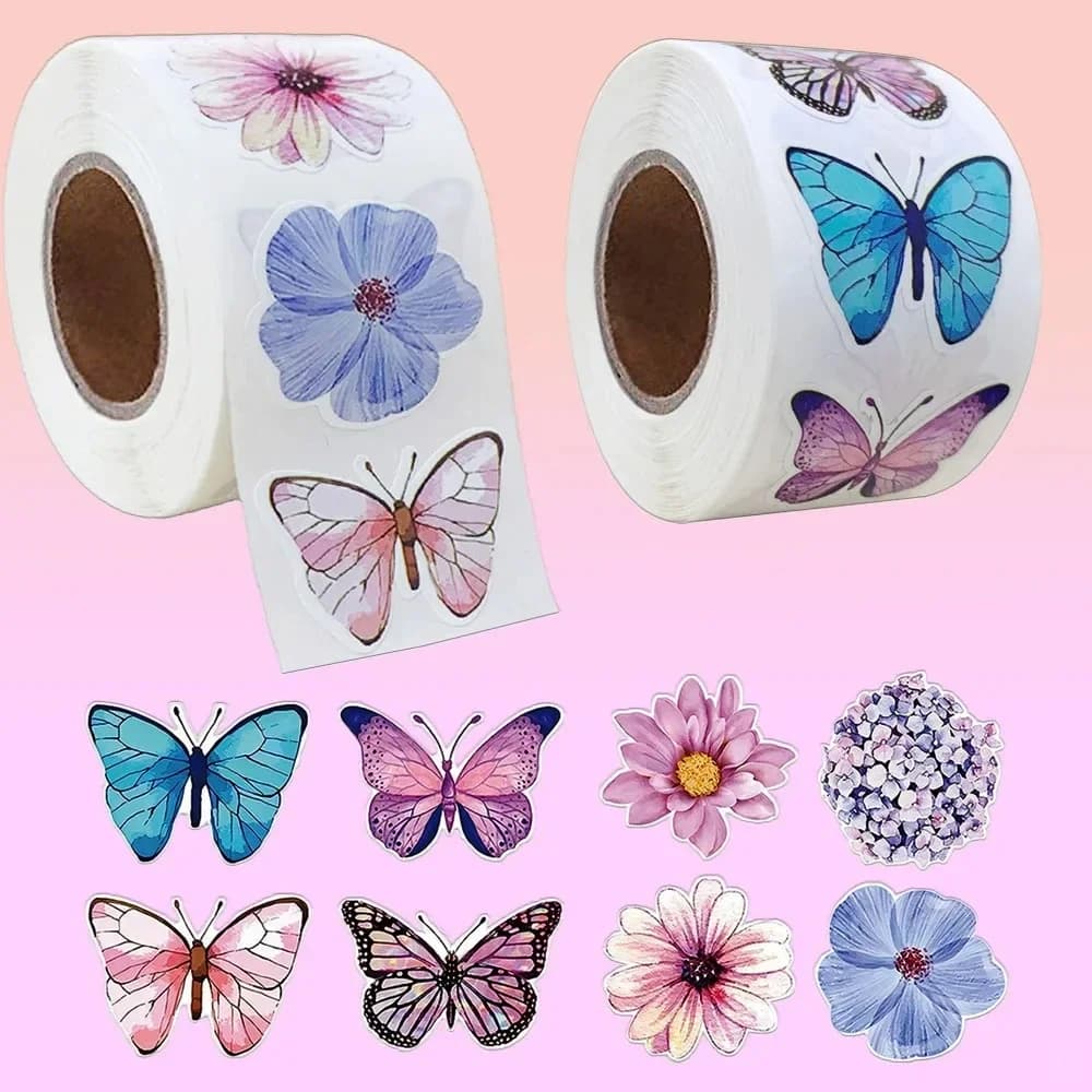 500 Pz/rotolo Vivido Farfalla Fiori Adesivi 2.5 cm/1.0 pollici Decalcomanie Fai Da Te Decor Utilizzare Per Adornare Regali Notebook Bollitore Telefono Sigillo Etichette